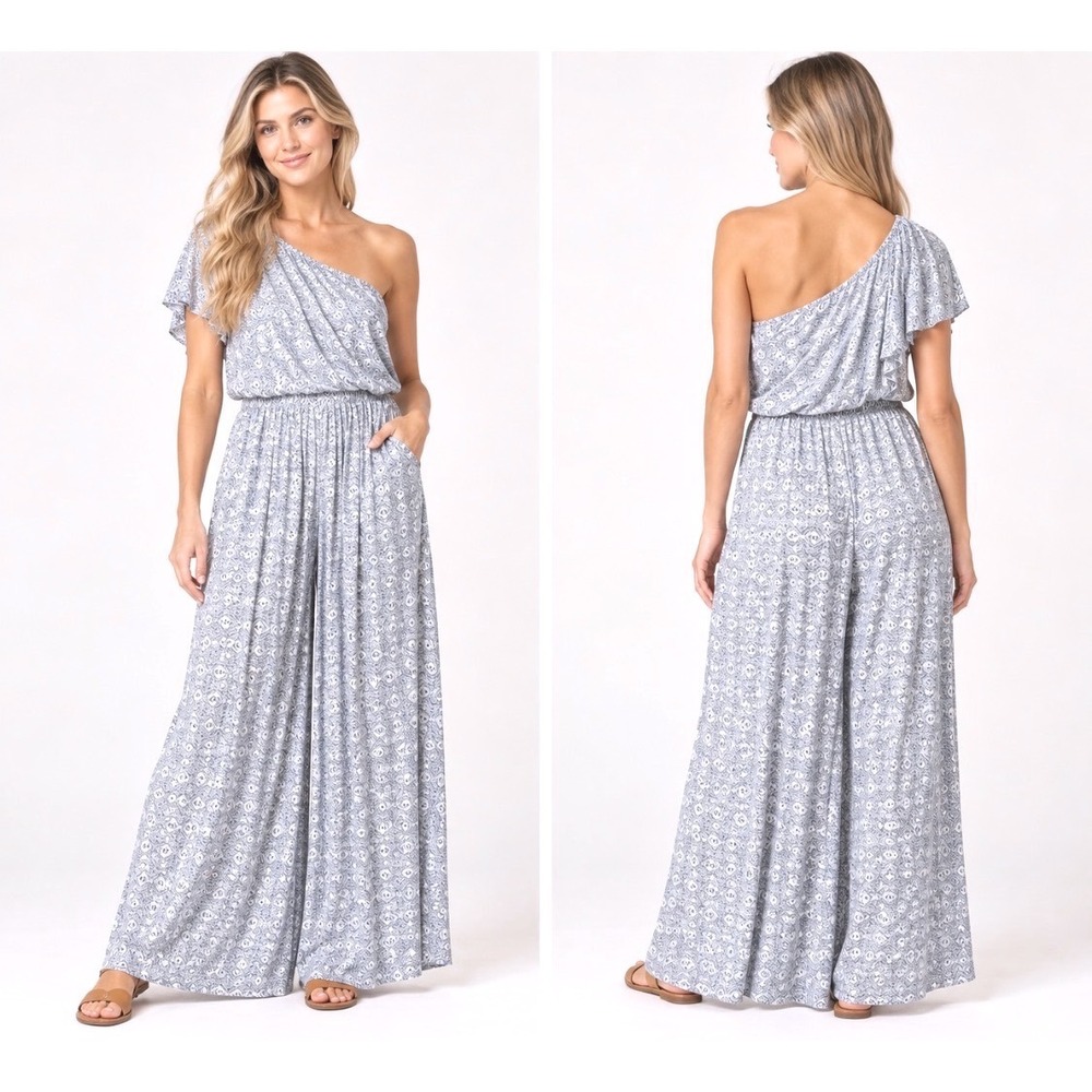 Maeve Anthropologie Jamie One Shoulder Wide Leg Jumpsuit XL Cropped Geometric